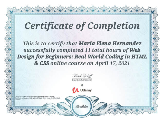 Udemy Certificate of Completion for Maria Elena Hernandez